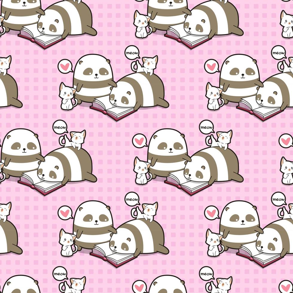 Seamless kawaii pandas and cats reading book pattern vector