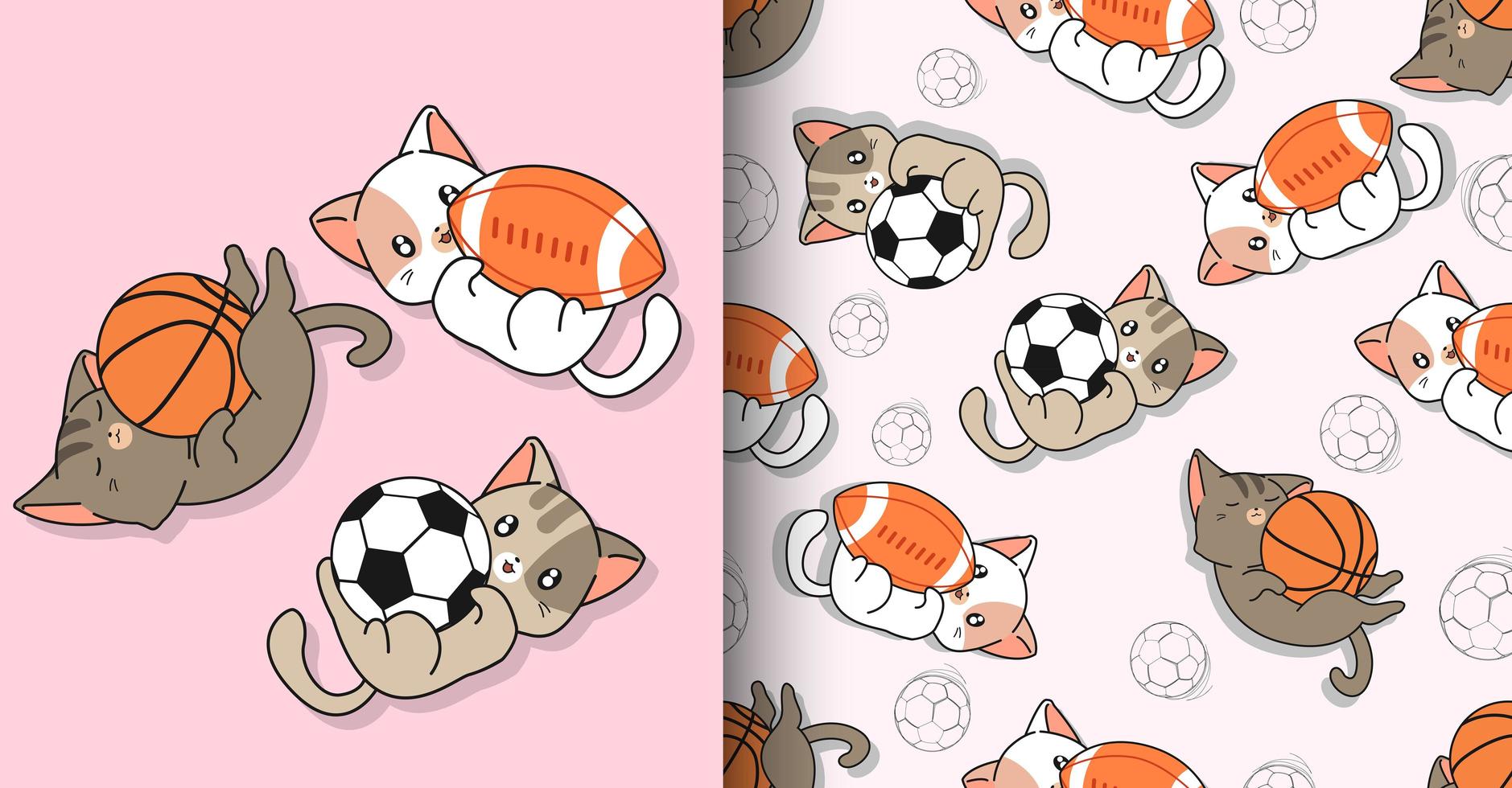 personajes de gatos deportivos kawaii sin costuras y 3 bolas diferentes vector