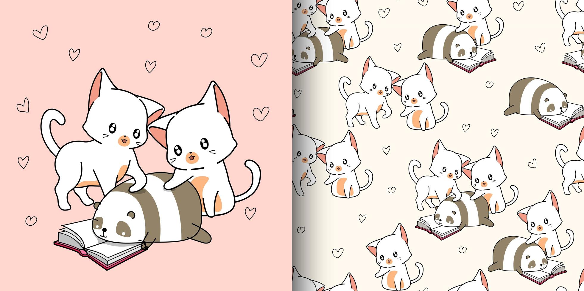 2 cute cats and panda reading text book pattern vector