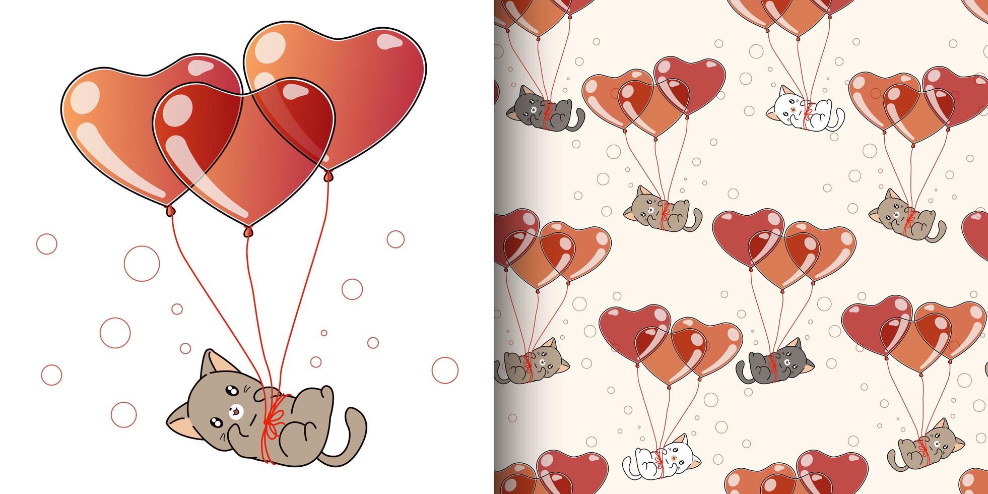 Seamless pattern kawaii cat flying with 3 heart balloons vector
