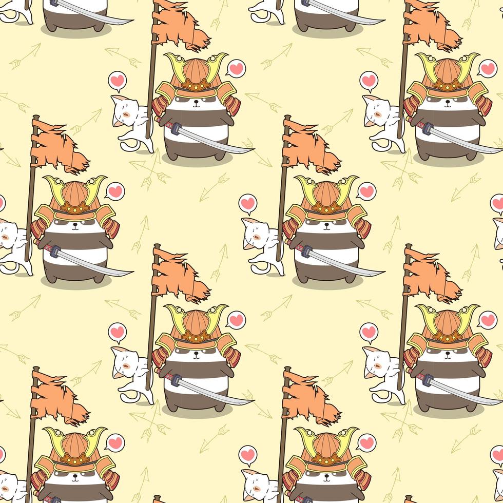 kawaii, samurai, panda, y, gato, tenencia, bandera, patrón vector