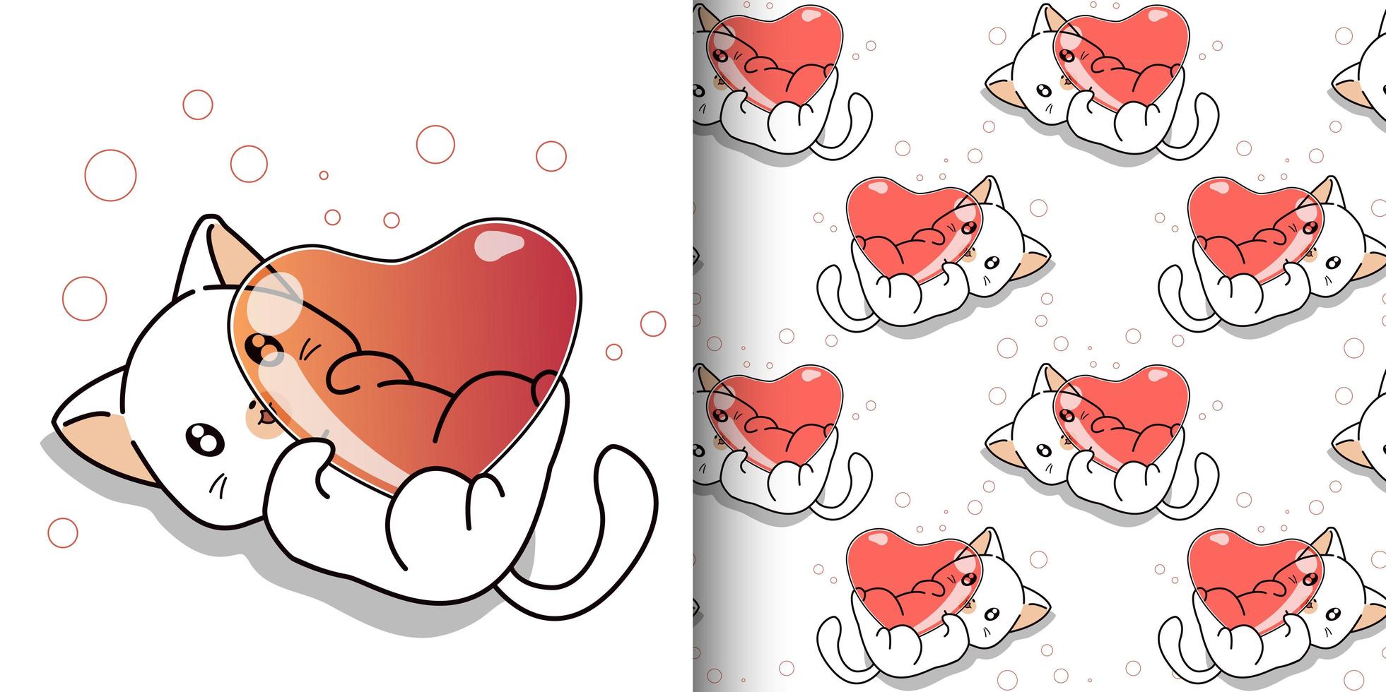 Seamless pattern kawaii cat is hugging heart vector