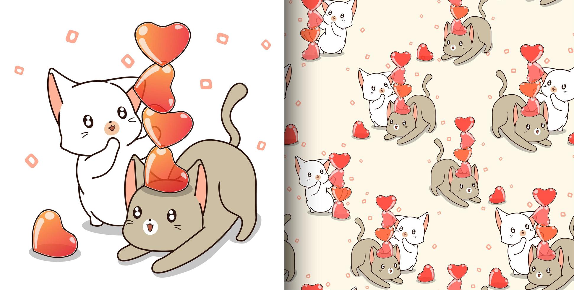 personajes de gato de patrones sin fisuras están jugando corazones de gelatina vector