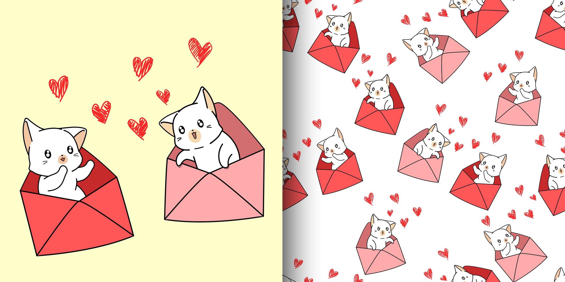 dibujos animados de gatos kawaii de patrones sin fisuras dentro de cartas de amor vector