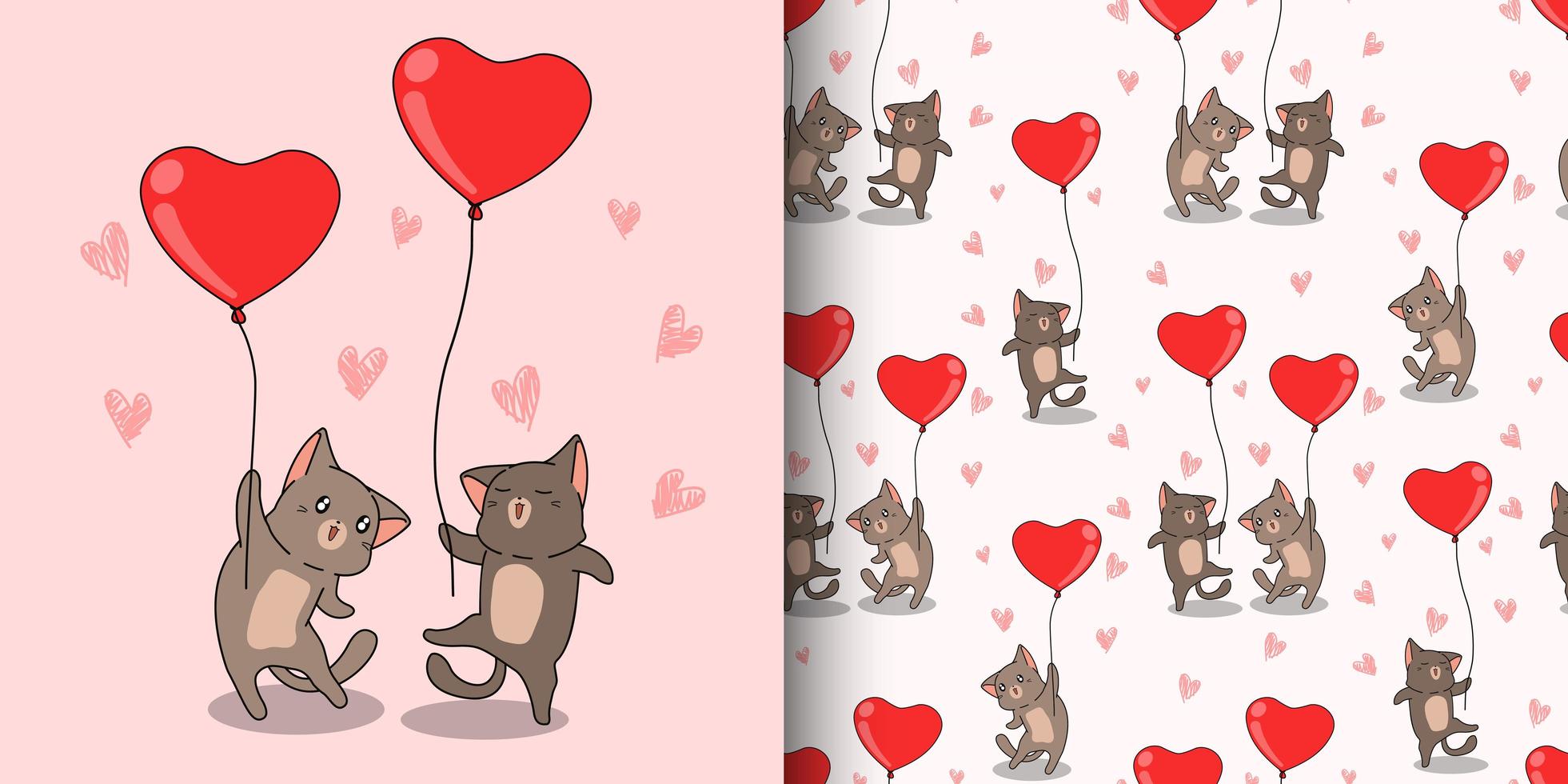 Personajes de gato kawaii con patrón de globos de corazón rojo vector