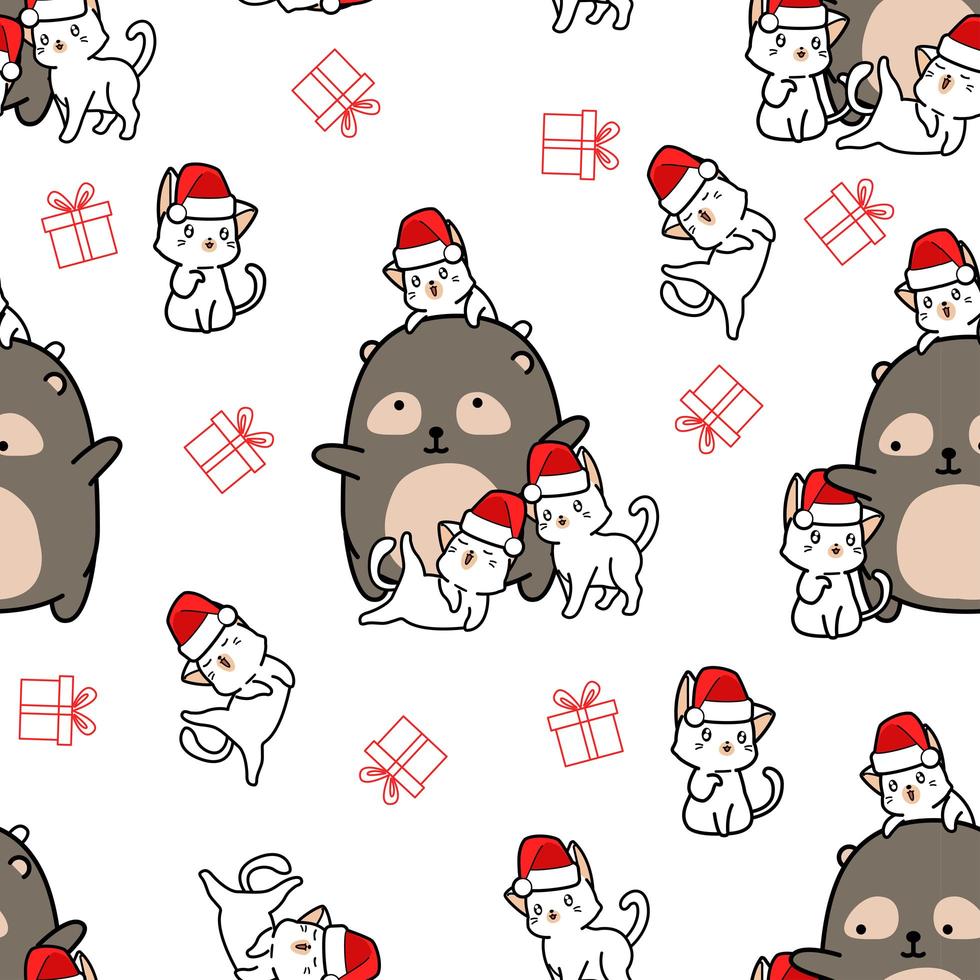 Seamless pattern bear and 4 cat characters on Christmas vector