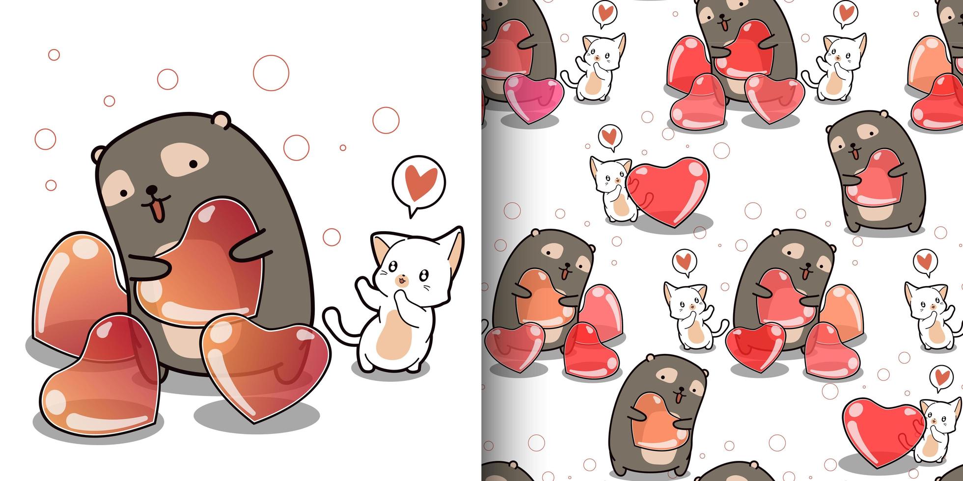 patrón sin costuras kawaii gato quiere corazón de lindo oso vector