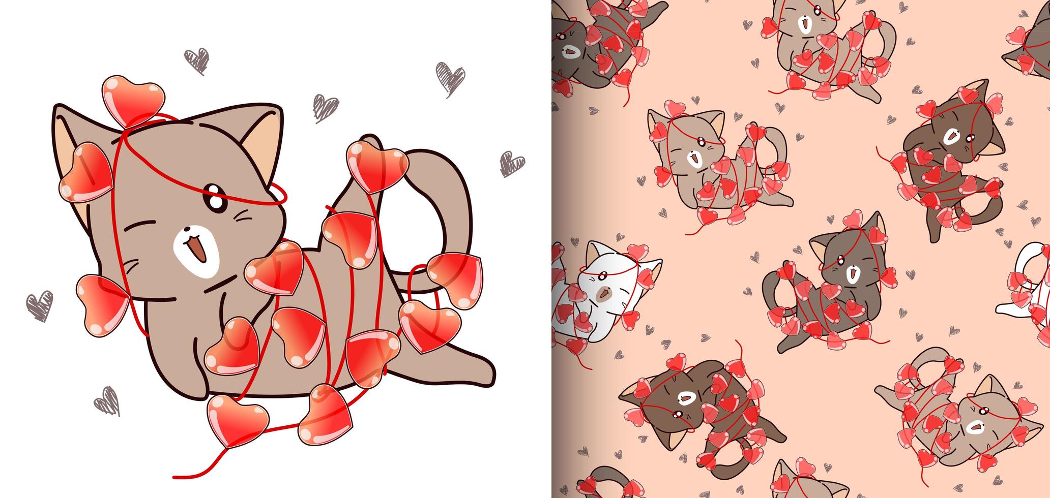 Seamless pattern kawaii cat with a lot of hearts vector