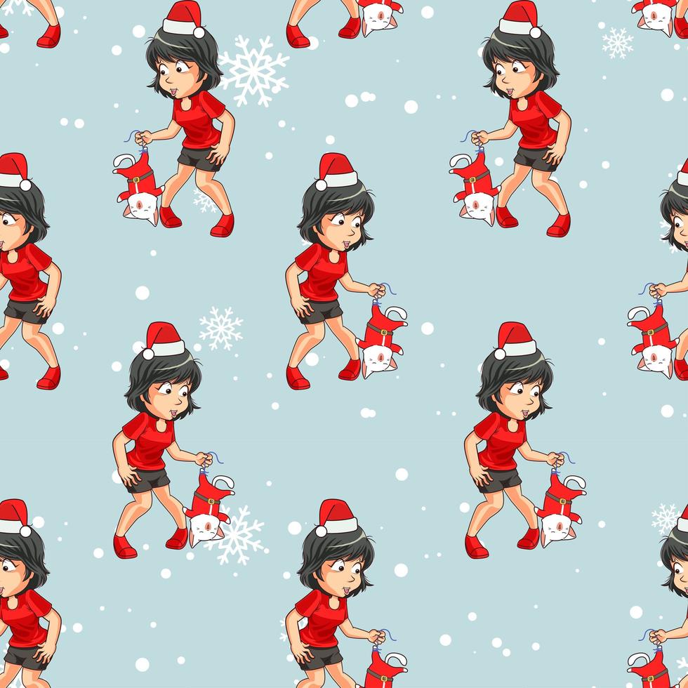 Seamless pattern adorable girl catching lovely Santa cat vector
