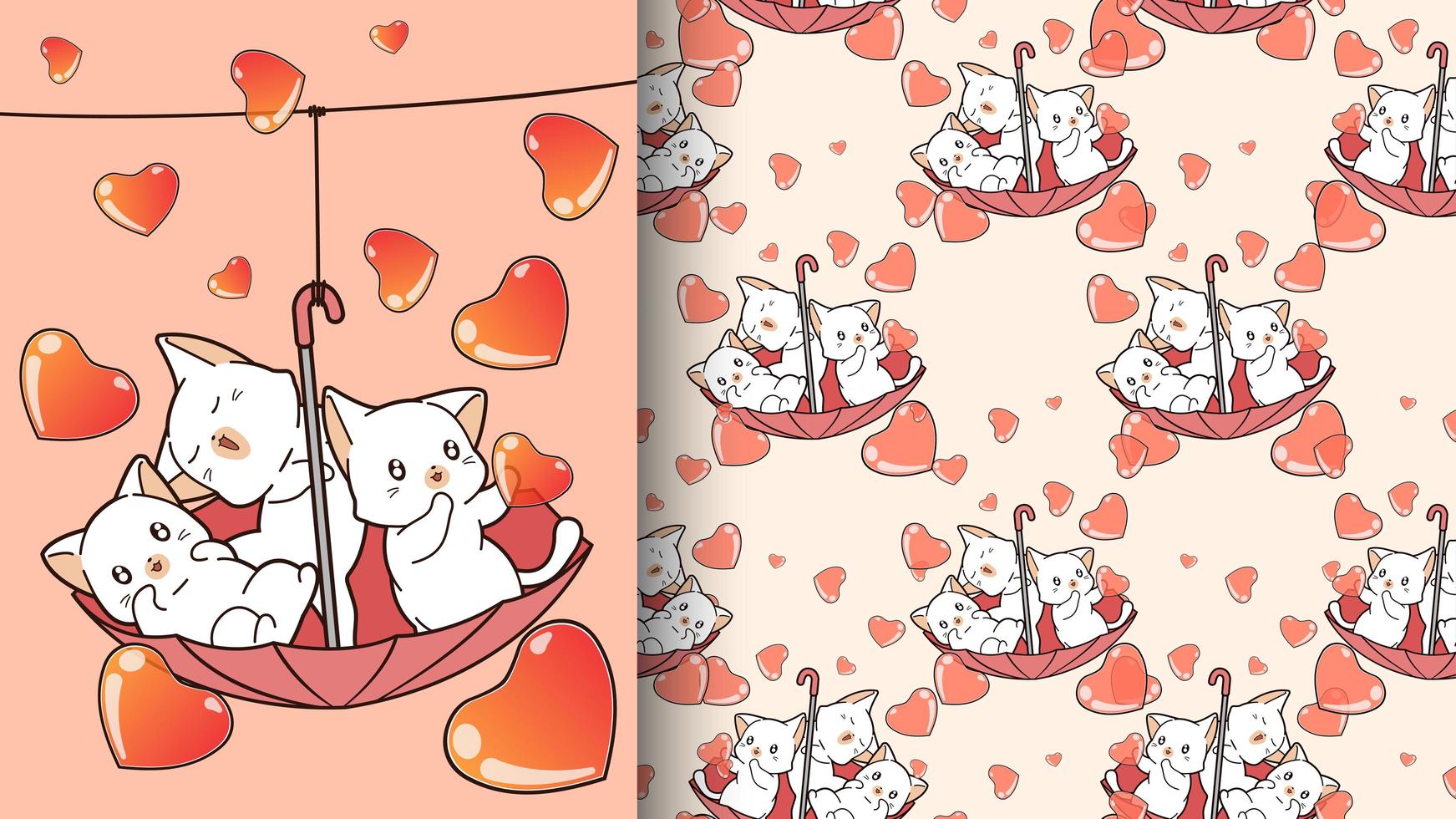 Adorables gatos dentro de una sombrilla roja con patrón de corazones vector