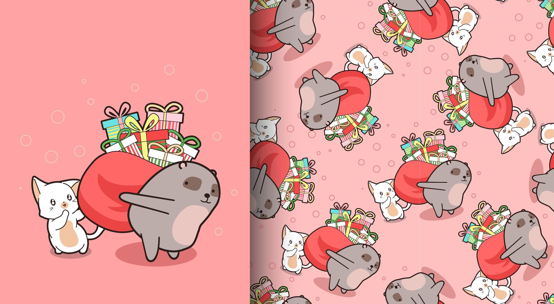 oso y gato kawaii de patrones sin fisuras con bolsa de regalo vector