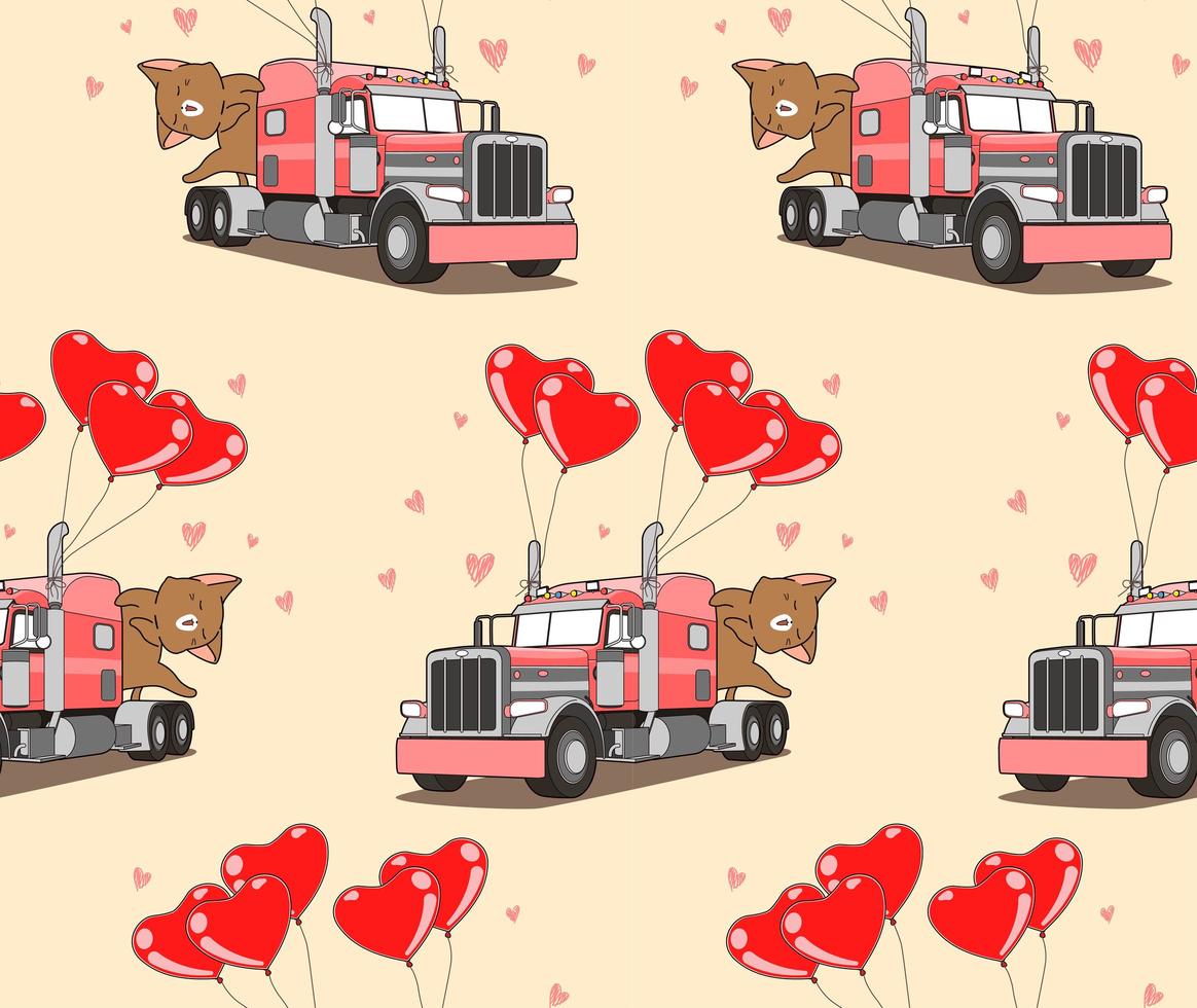 Seamless pattern adorable cat on the truck of love vector