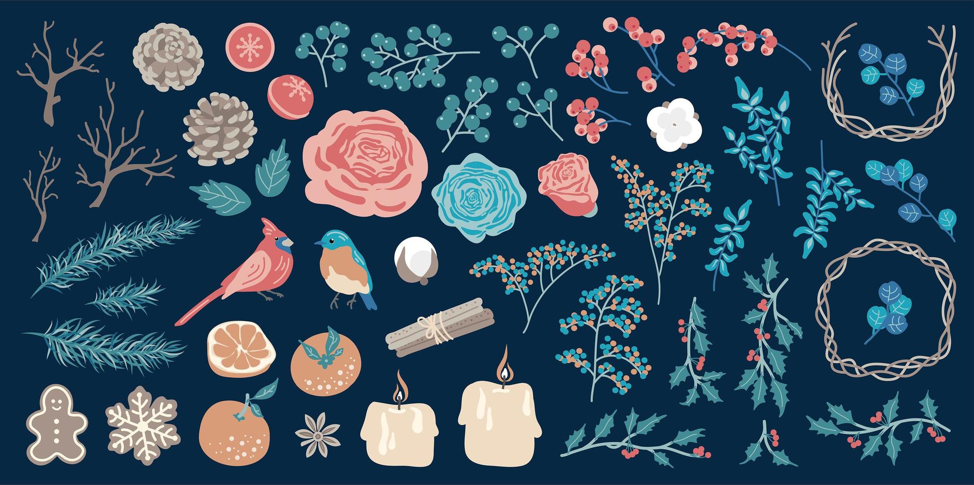 gran conjunto de elementos florales de invierno, pájaros y decoraciones. vector