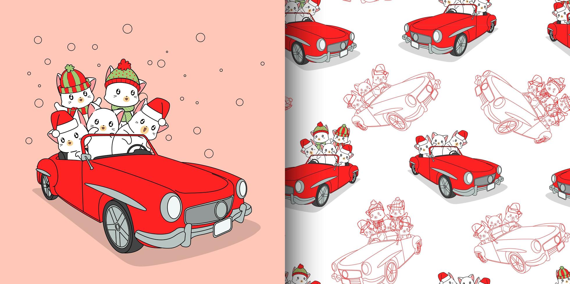 Seamless pattern adorable cats inside red car vector