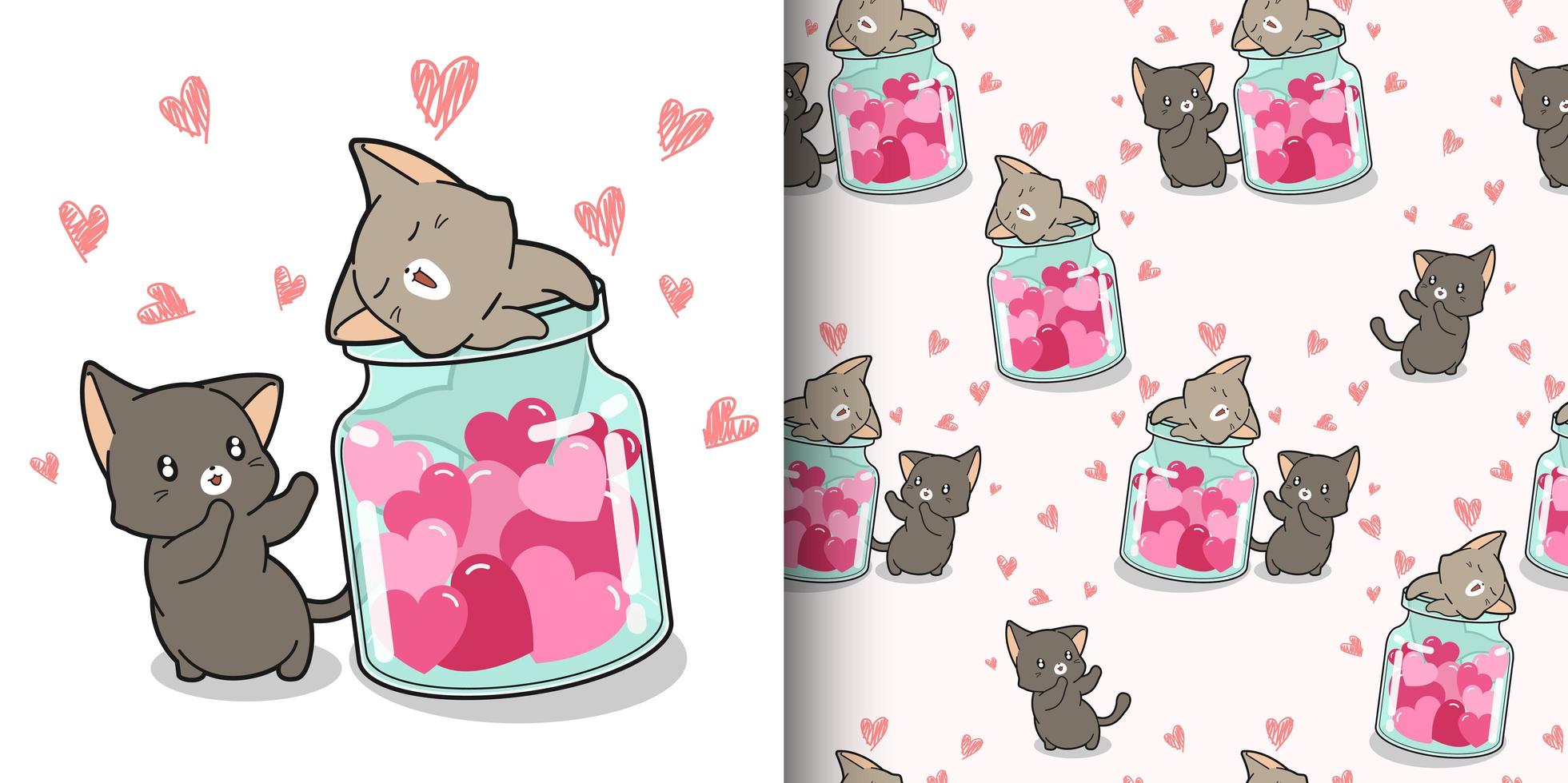 Seamless pattern kawaii cats and hearts inside bottle vector