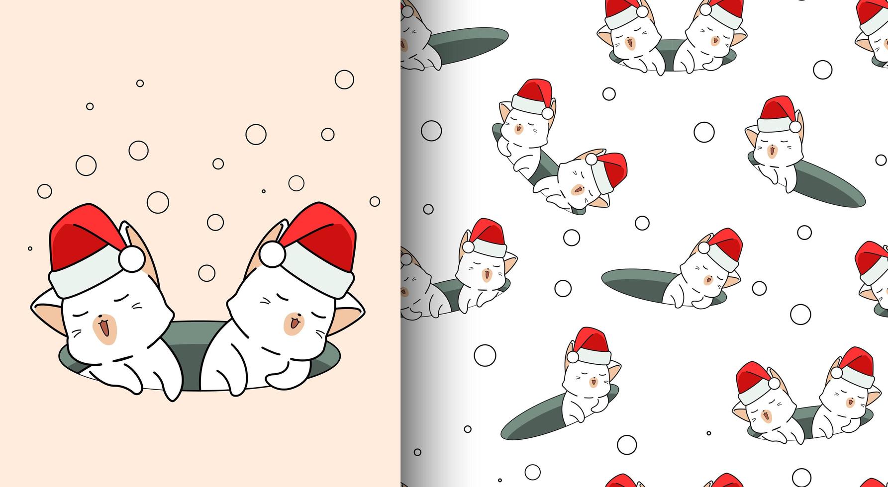 gatos kawaii de patrones sin fisuras con gorro de Papá Noel en el agujero vector