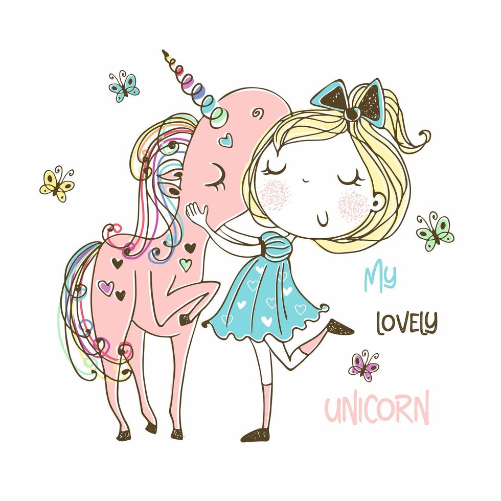 Sweet girl with a magical unicorn vector