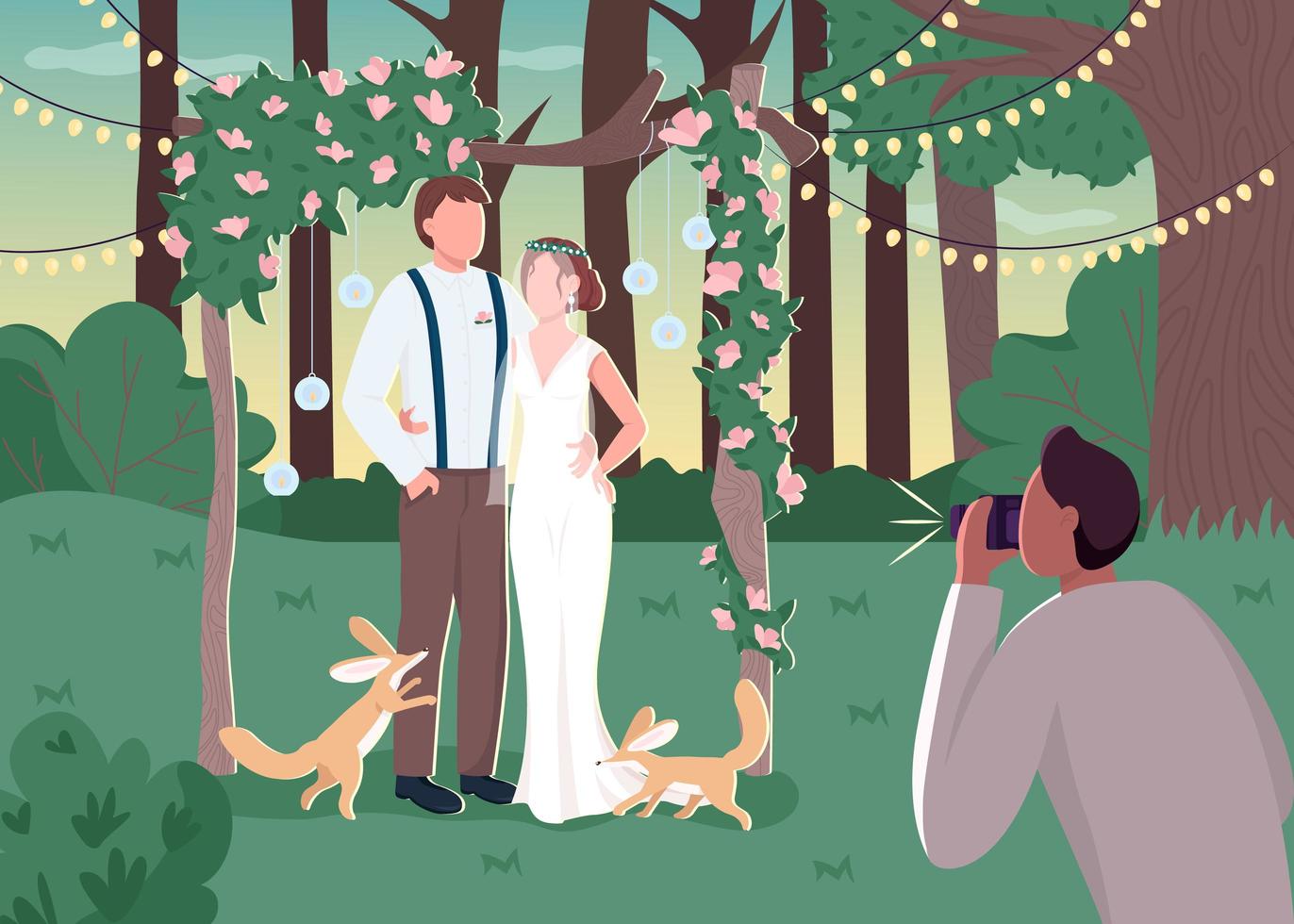 Newlywed couple in rustic photozone vector