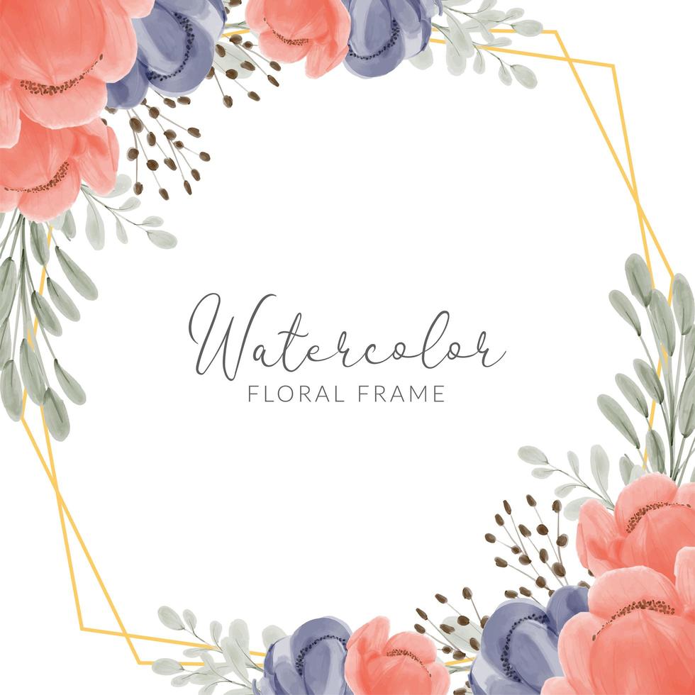 Marco floral acuarela pintado con peonía y borde dorado geométrico. vector