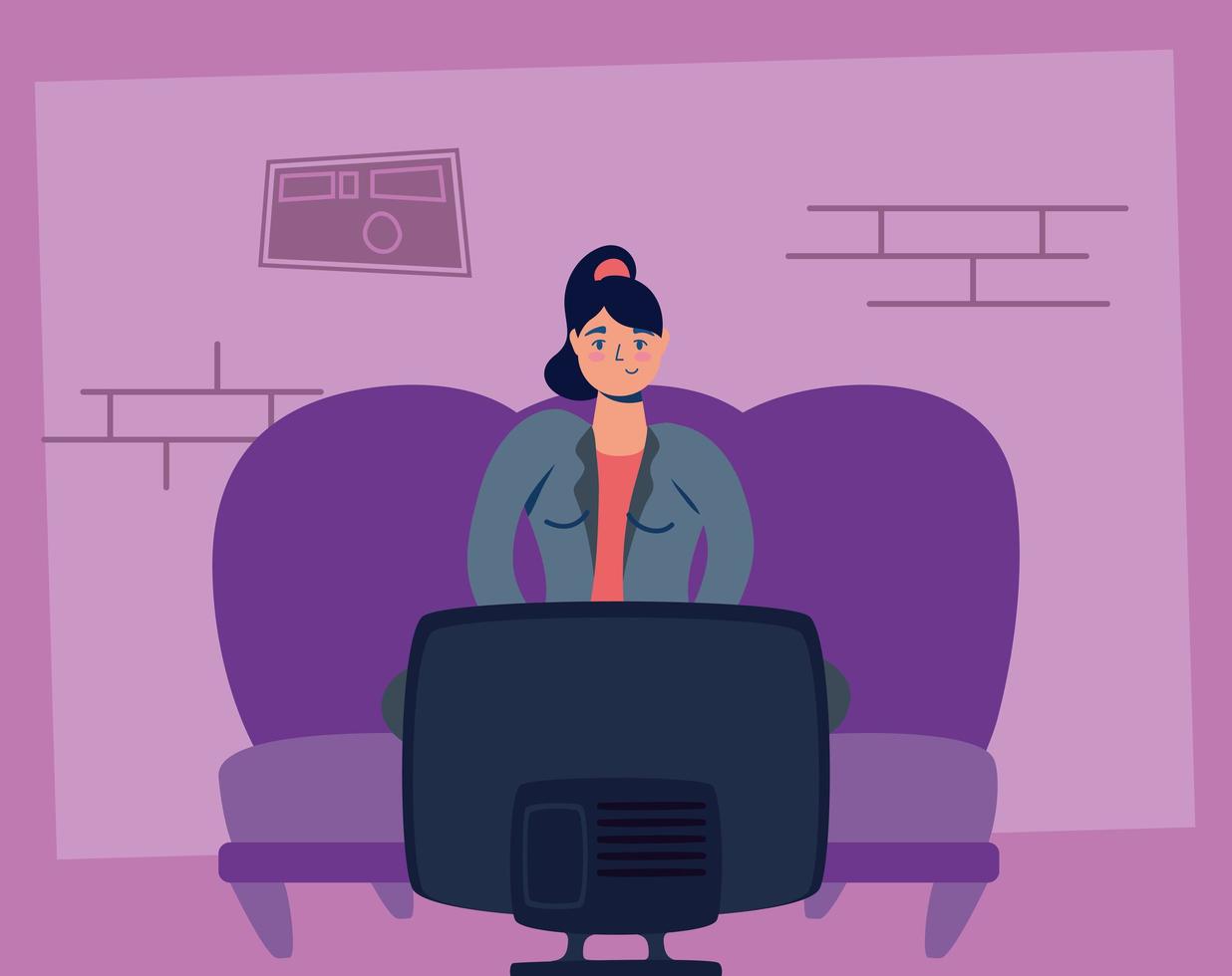Campaña de quedarse en casa con una mujer viendo la televisión. vector