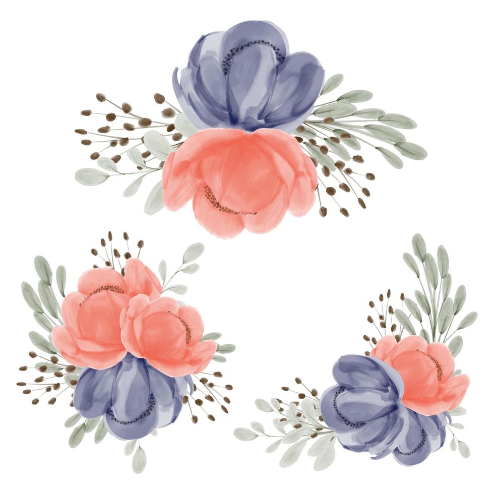Collection of peony flower arrangement watercolor set vector