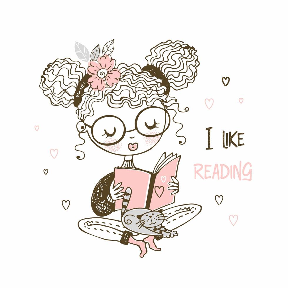 Girl with a cat reading a book vector