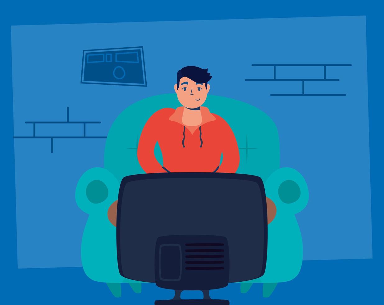 Stay home campaign with man watching TV vector