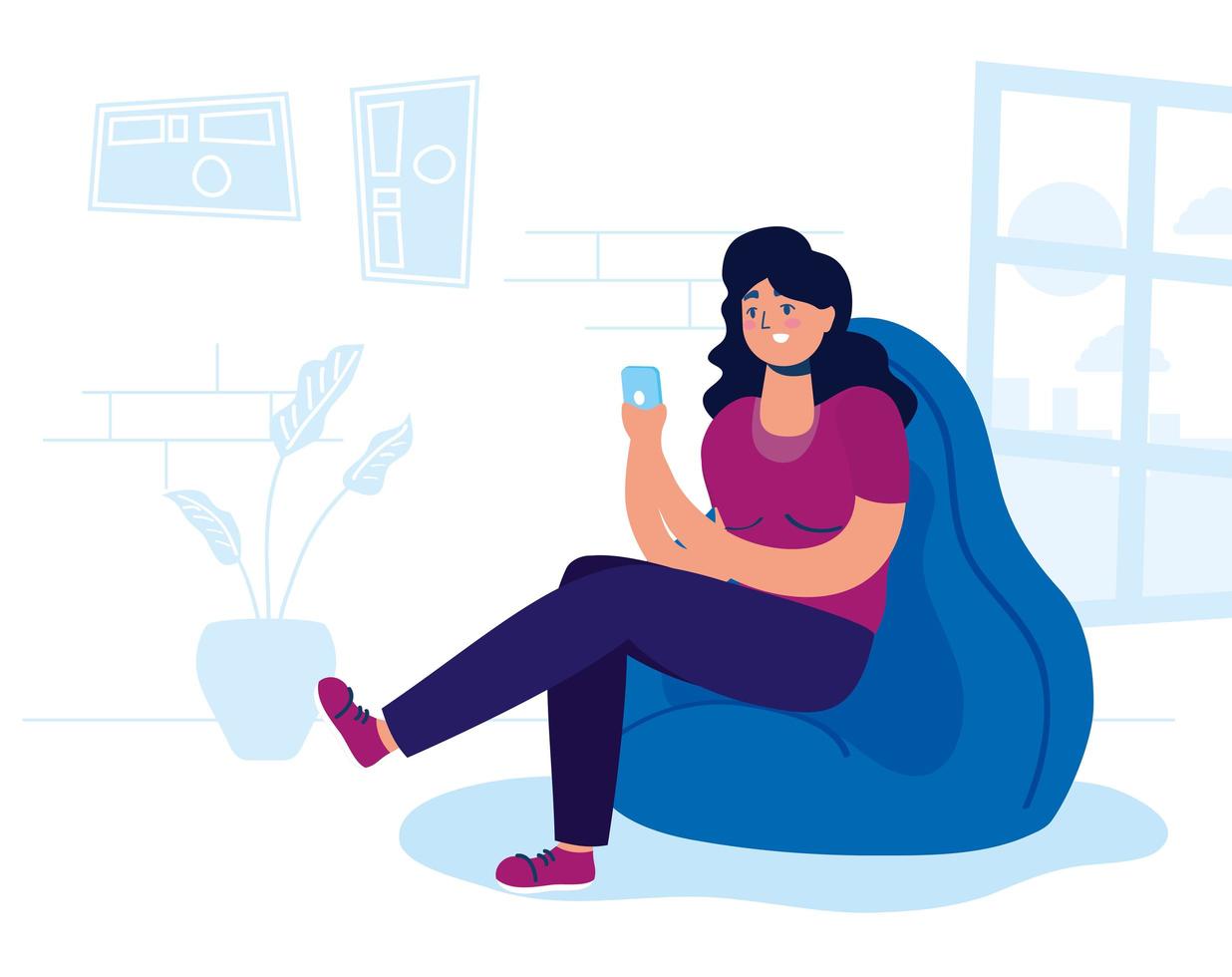 Woman using smartphone at home vector