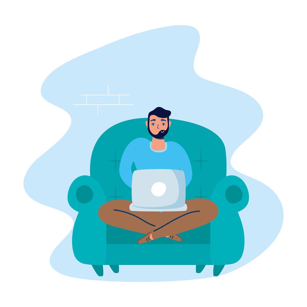 Man using the laptop at home vector