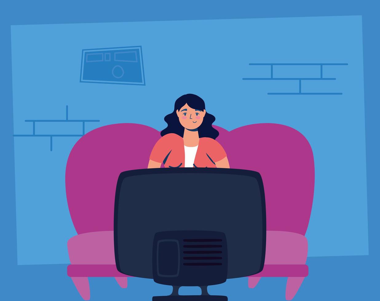 Campaña de quedarse en casa con una mujer viendo la televisión. vector