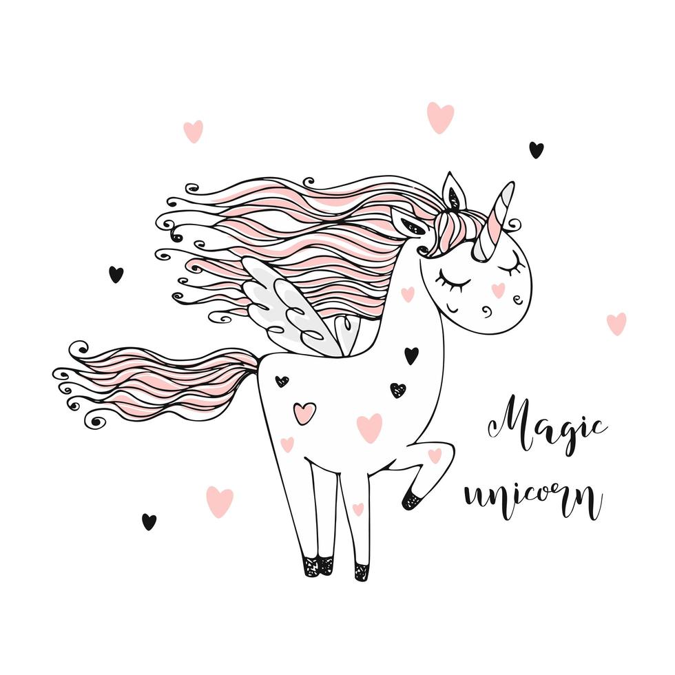 lindo unicornio mágico con alas vector