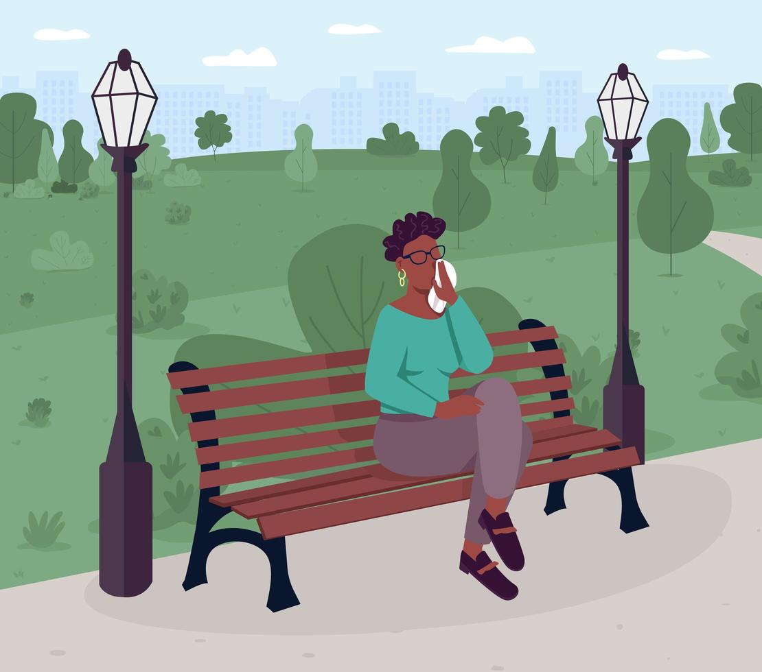 Upset woman sitting on bench in park vector