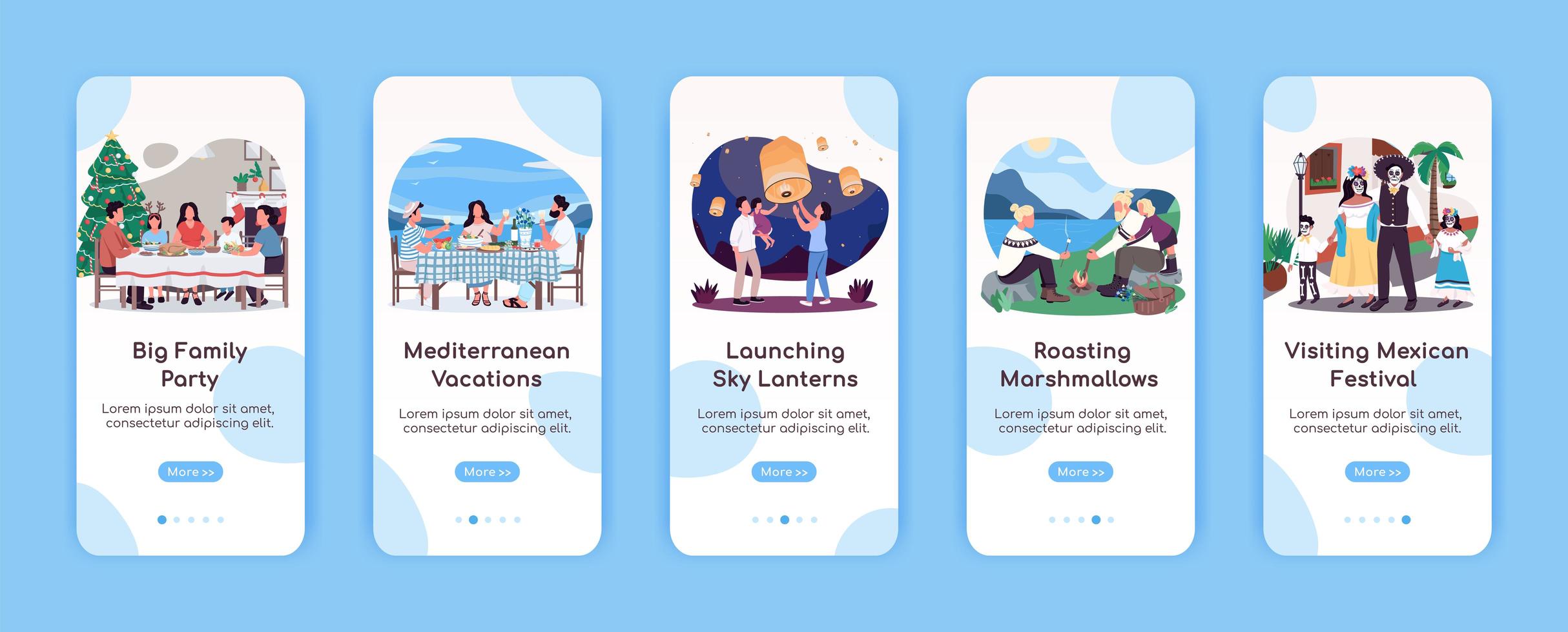 Quality family time onboarding mobile app screens vector