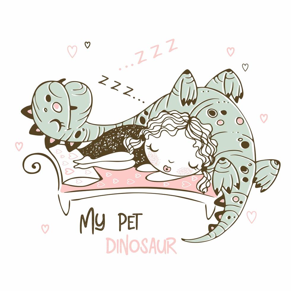 Cute girl sleeping with her pet dinosaur vector