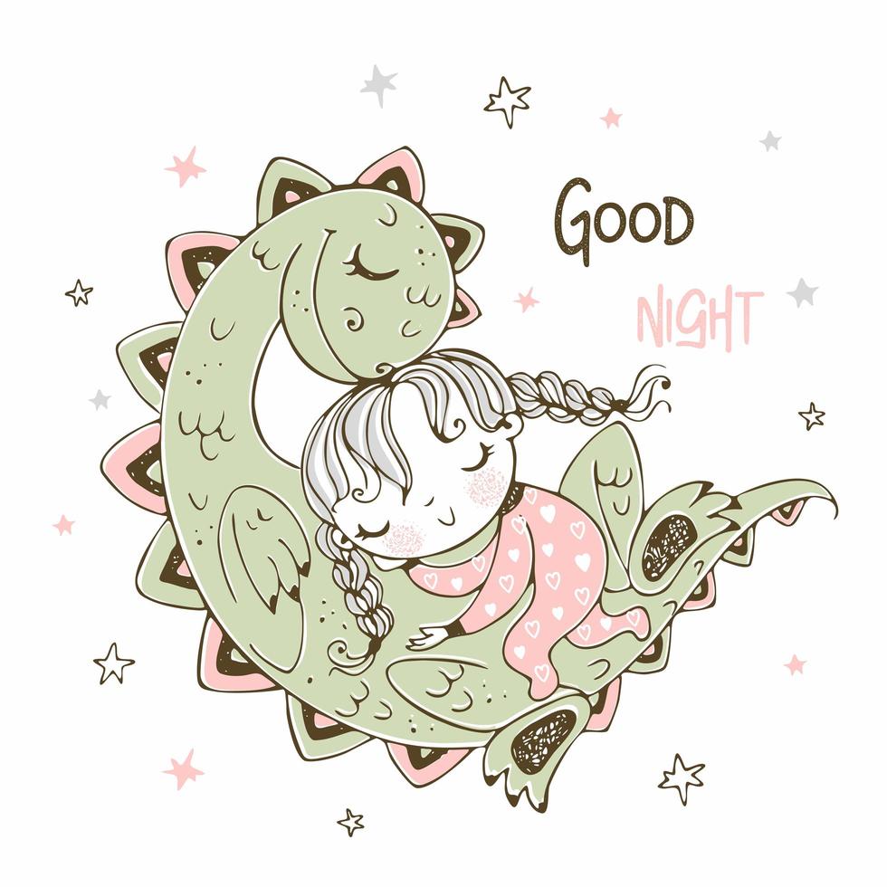 linda chica durmiendo con su mascota dinosaurio vector