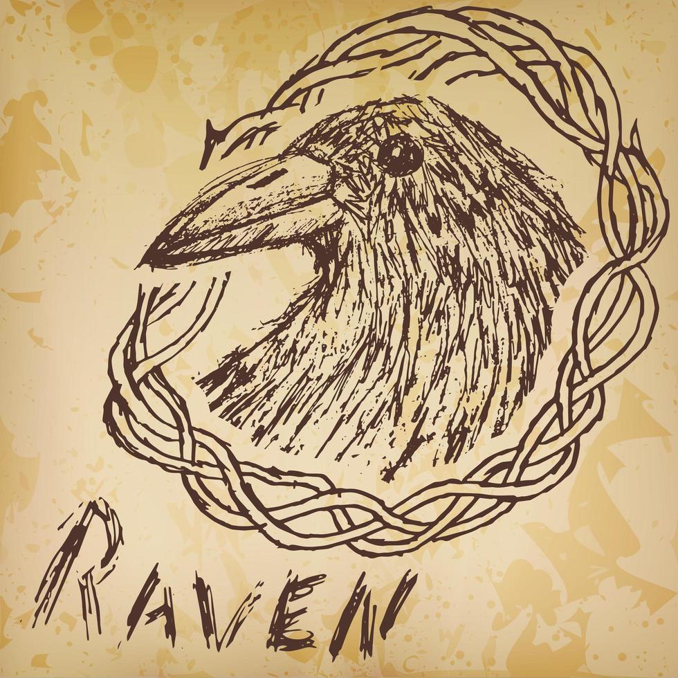 Crow raven hand drawn sketch in blackthorn. vector