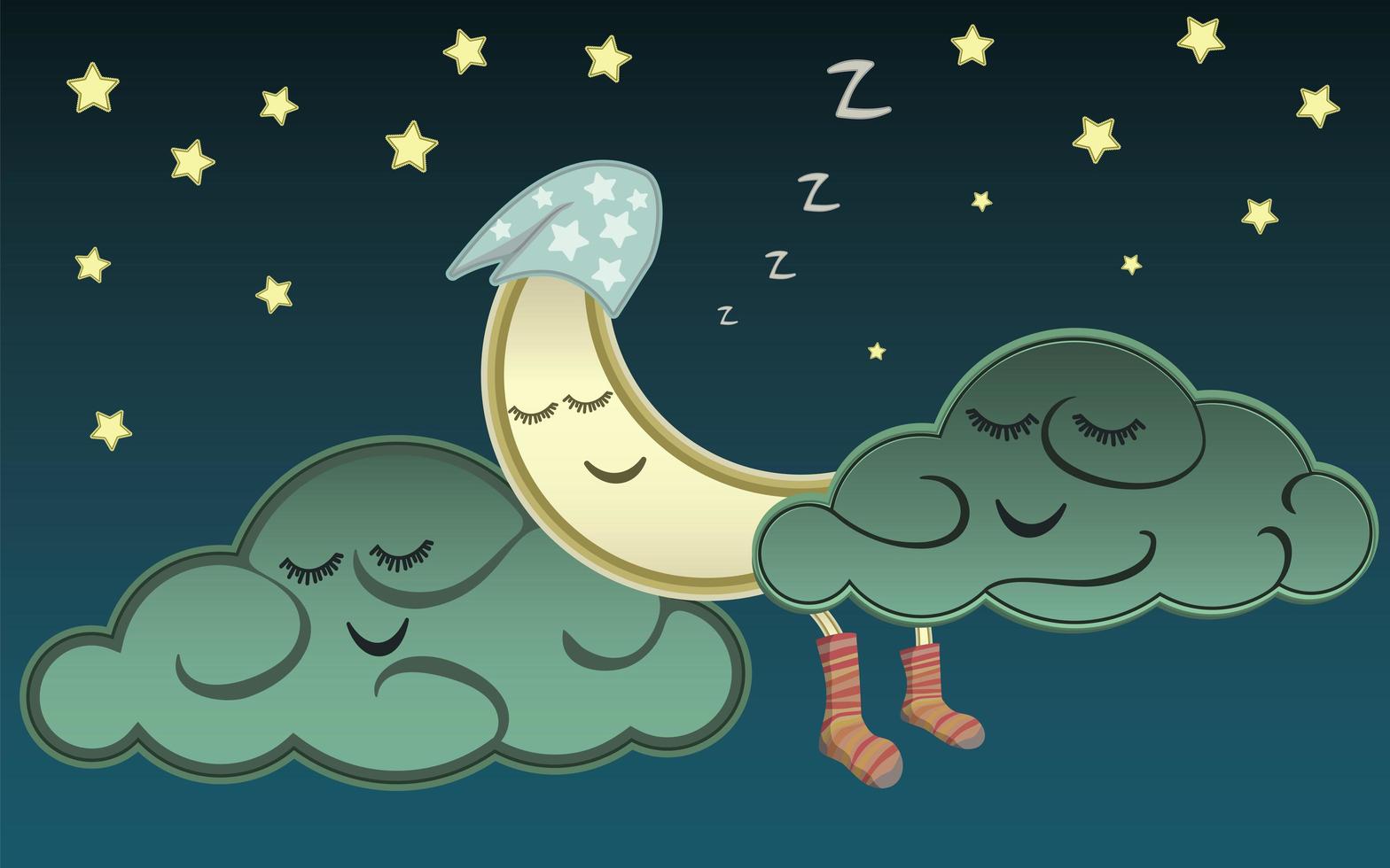 Cartoon moon and clouds sleeping vector