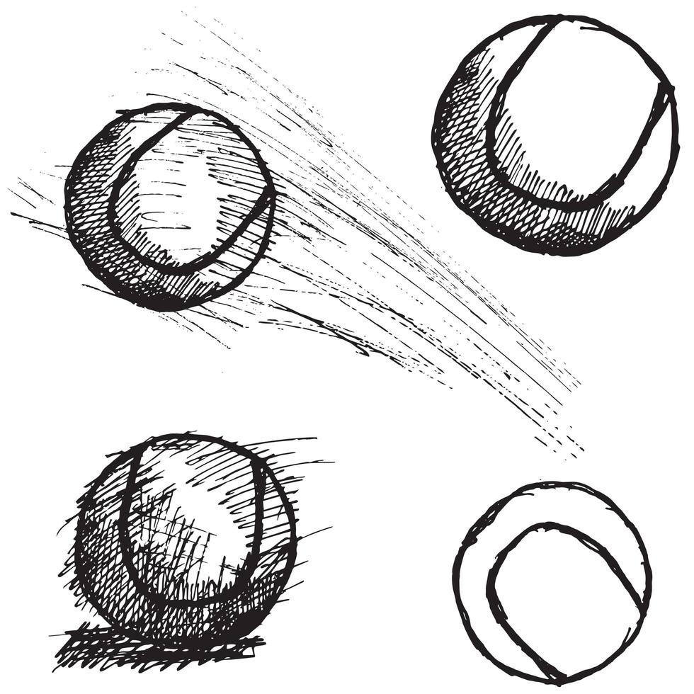 Conjunto de bocetos de pelota de tenis aislado sobre fondo blanco. vector