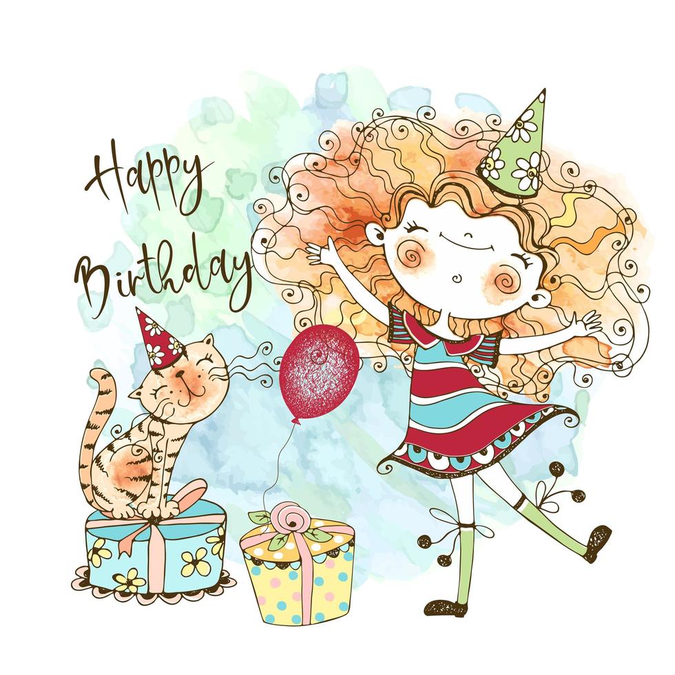 Birthday card with a cute red-haired girl and a cute cat vector