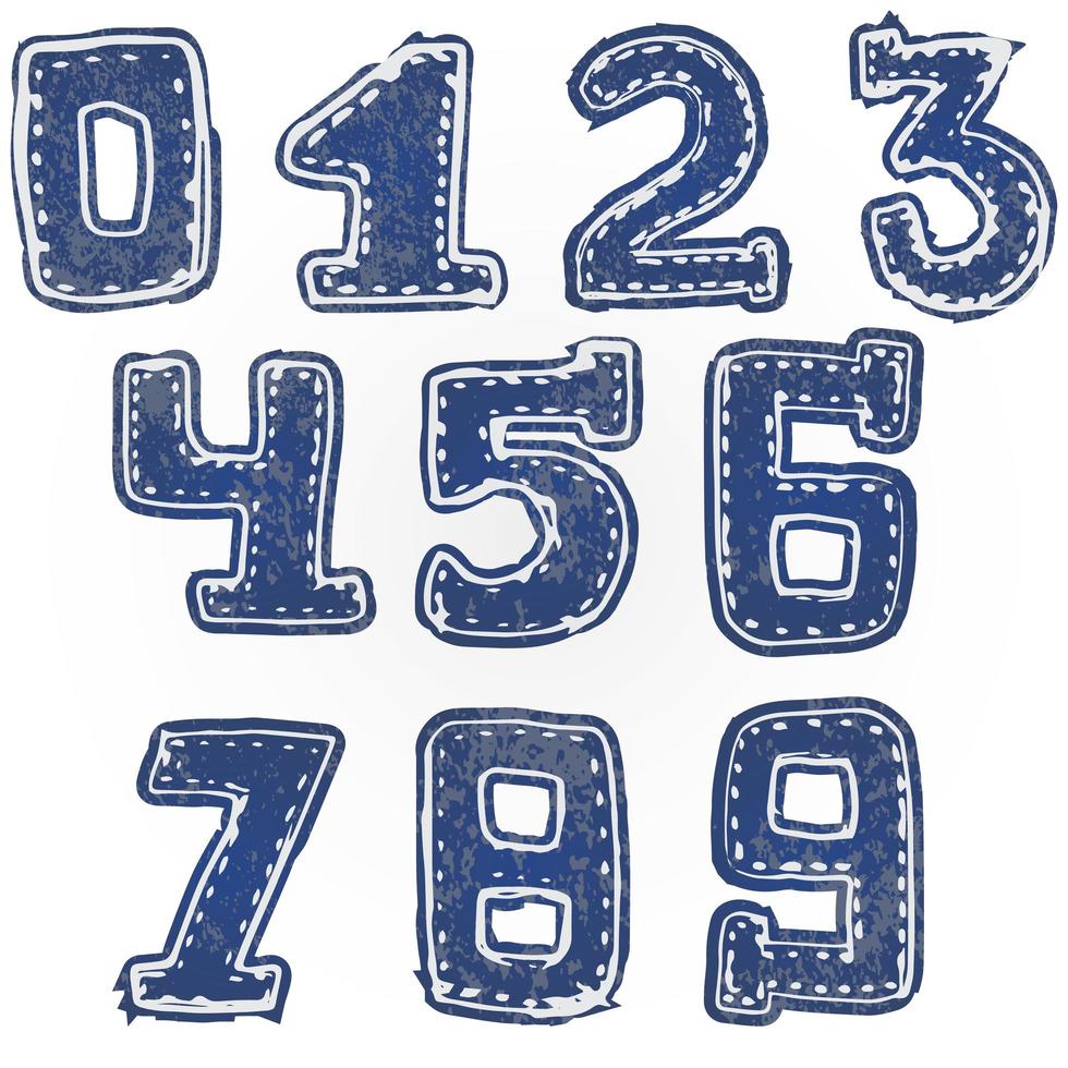 Written numbers 0-9 hand drawn sketch denim style vector