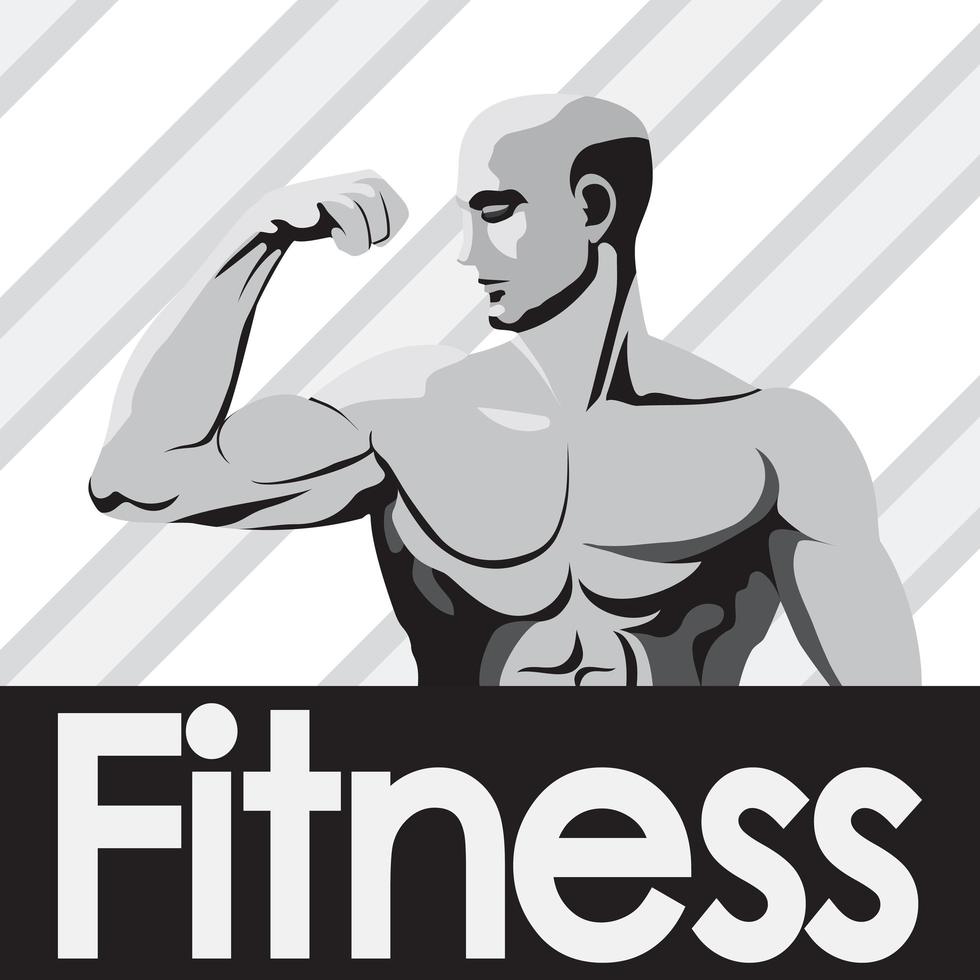 Fitness gym logo mockup grey bodybuilder showing biceps vector