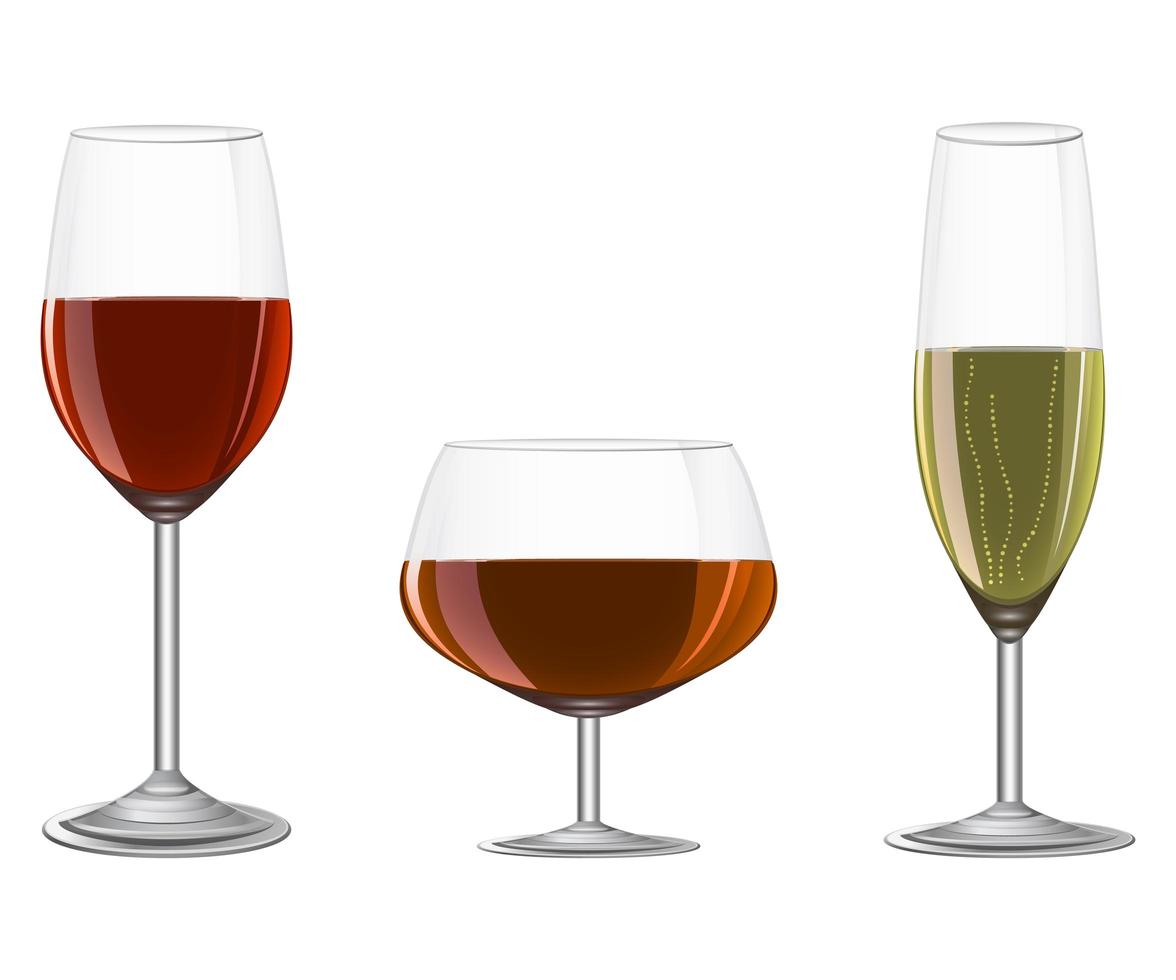 Glasses of wine, champagne, and cognac vector