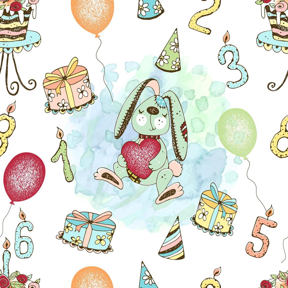 Seamless pattern with a cute birthday bunny vector