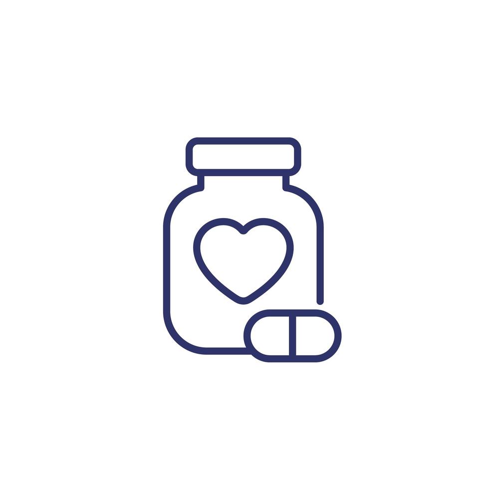Bottle of pills for heart line icon vector