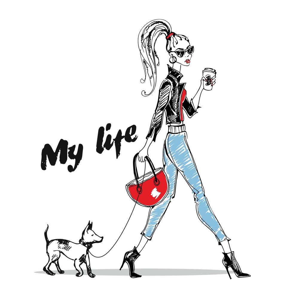 Fashionable girl walks with a small dog. Stylish graphics. vector