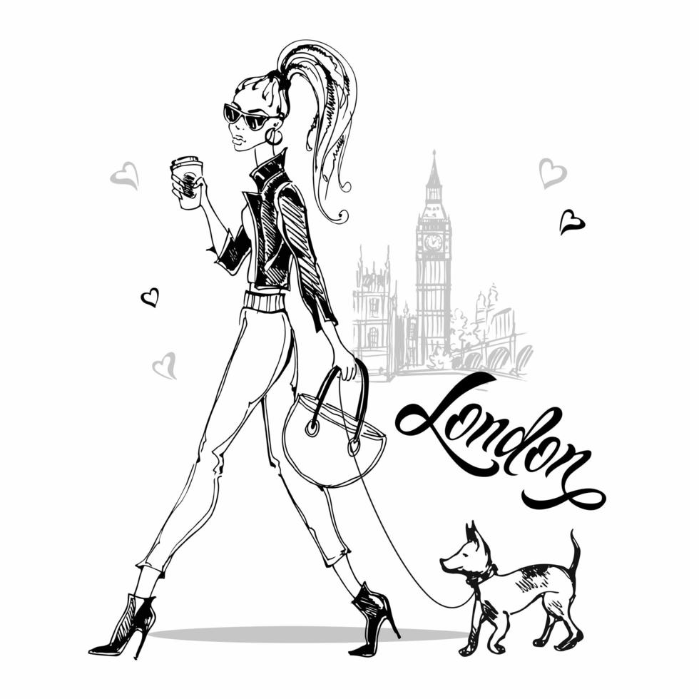 A girl in London walks her dog. Drinking coffee. vector