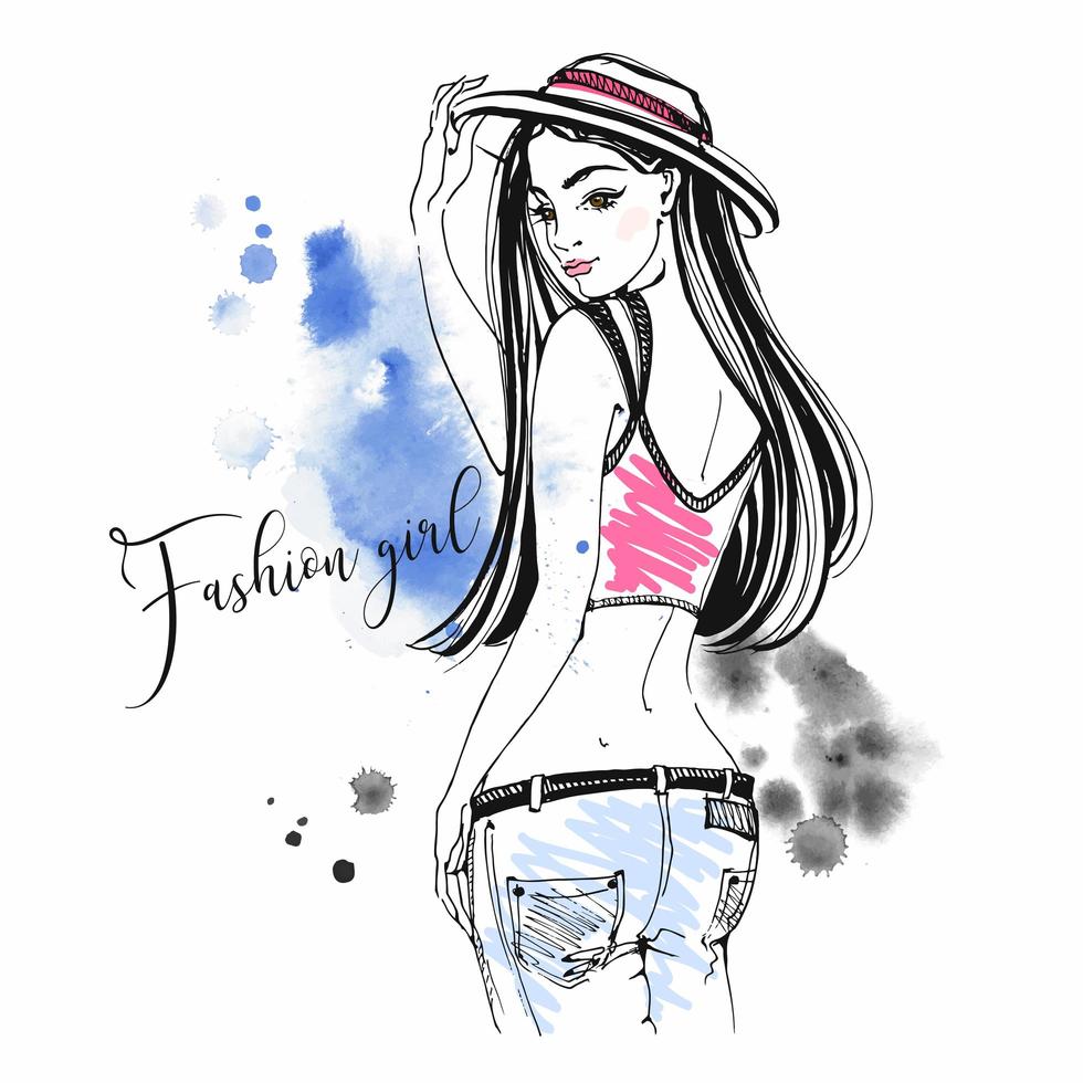 Fashion girl in jeans and hat. Sketch and watercolor spots. vector