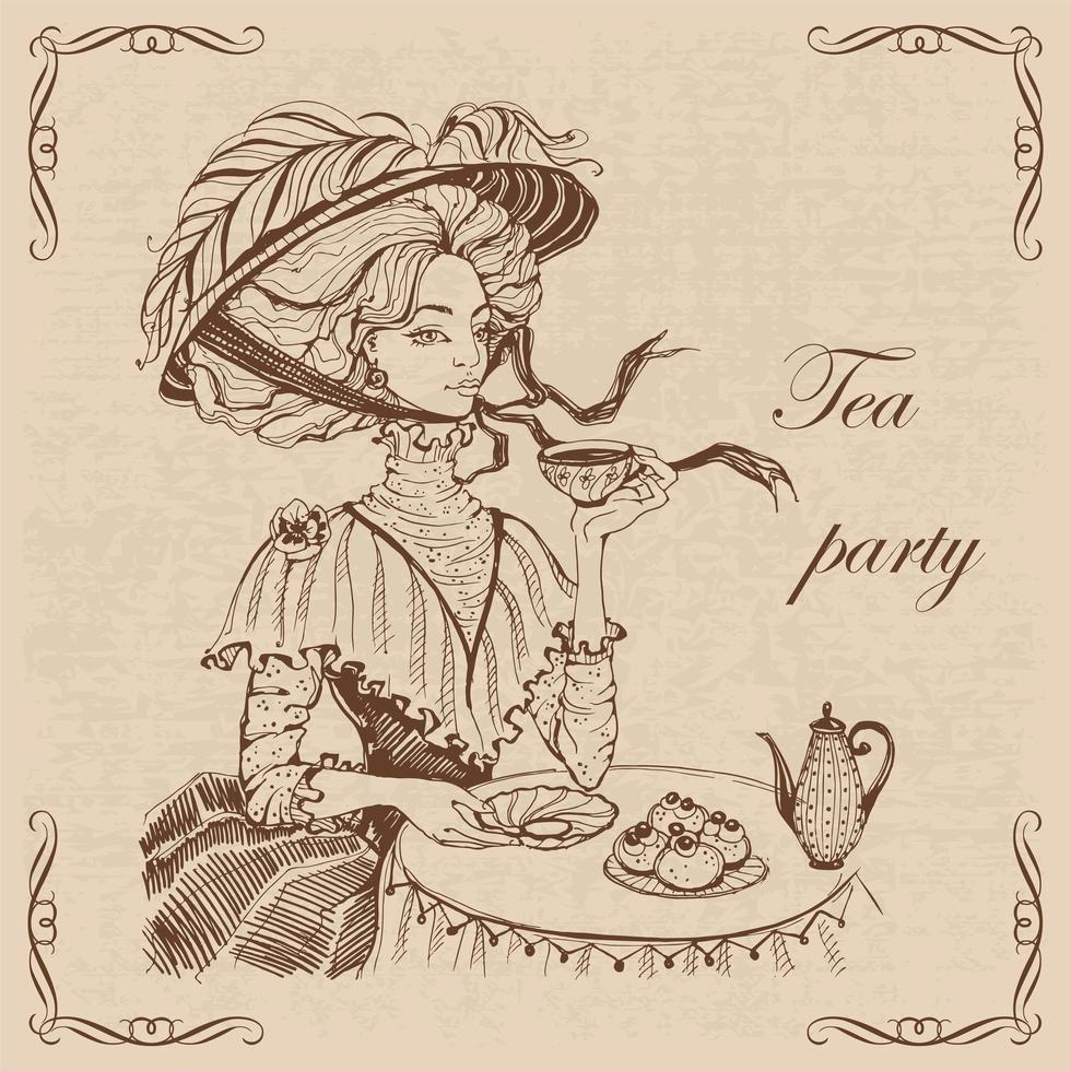 Beautiful vintage lady. Tea party. Girl in a hat drinking tea. vector