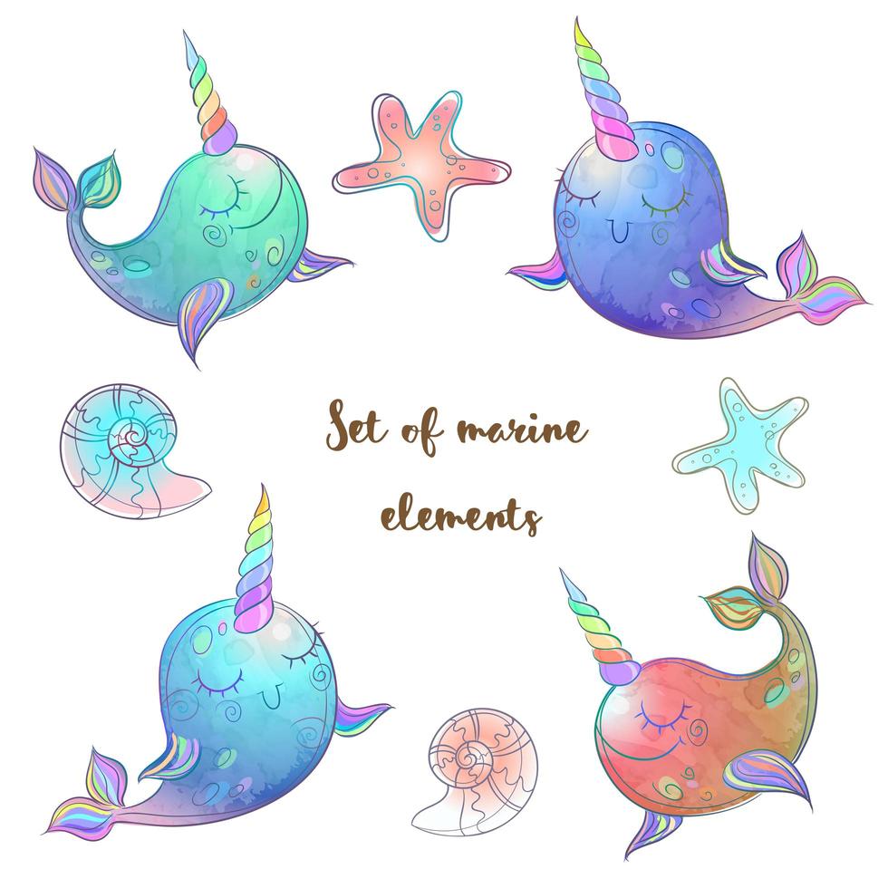 Set of fabulous whales unicorns. vector