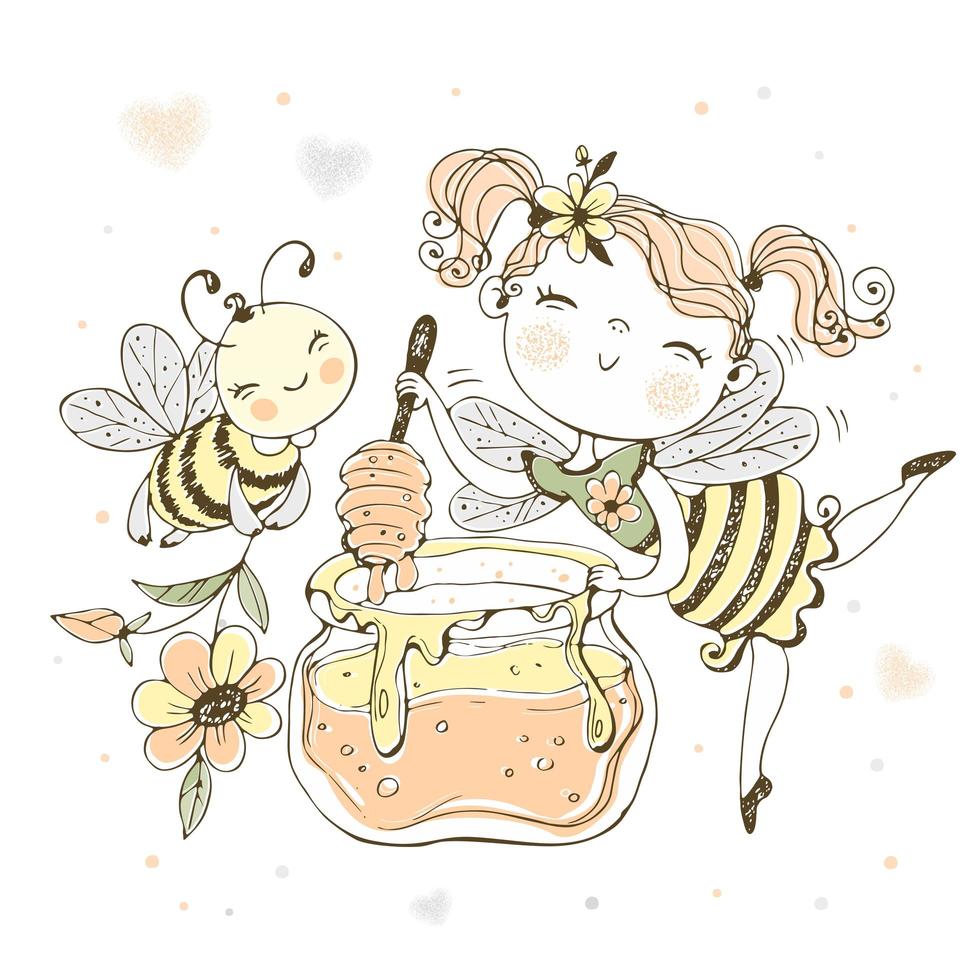 hada de las flores con un tarro de miel y una abeja alegre. vector